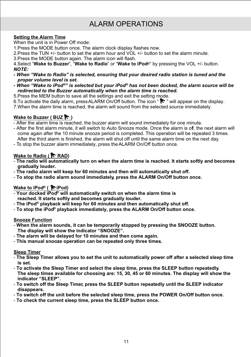 Alarm operations | Jensen JiMS-190 User Manual | Page 13 / 16