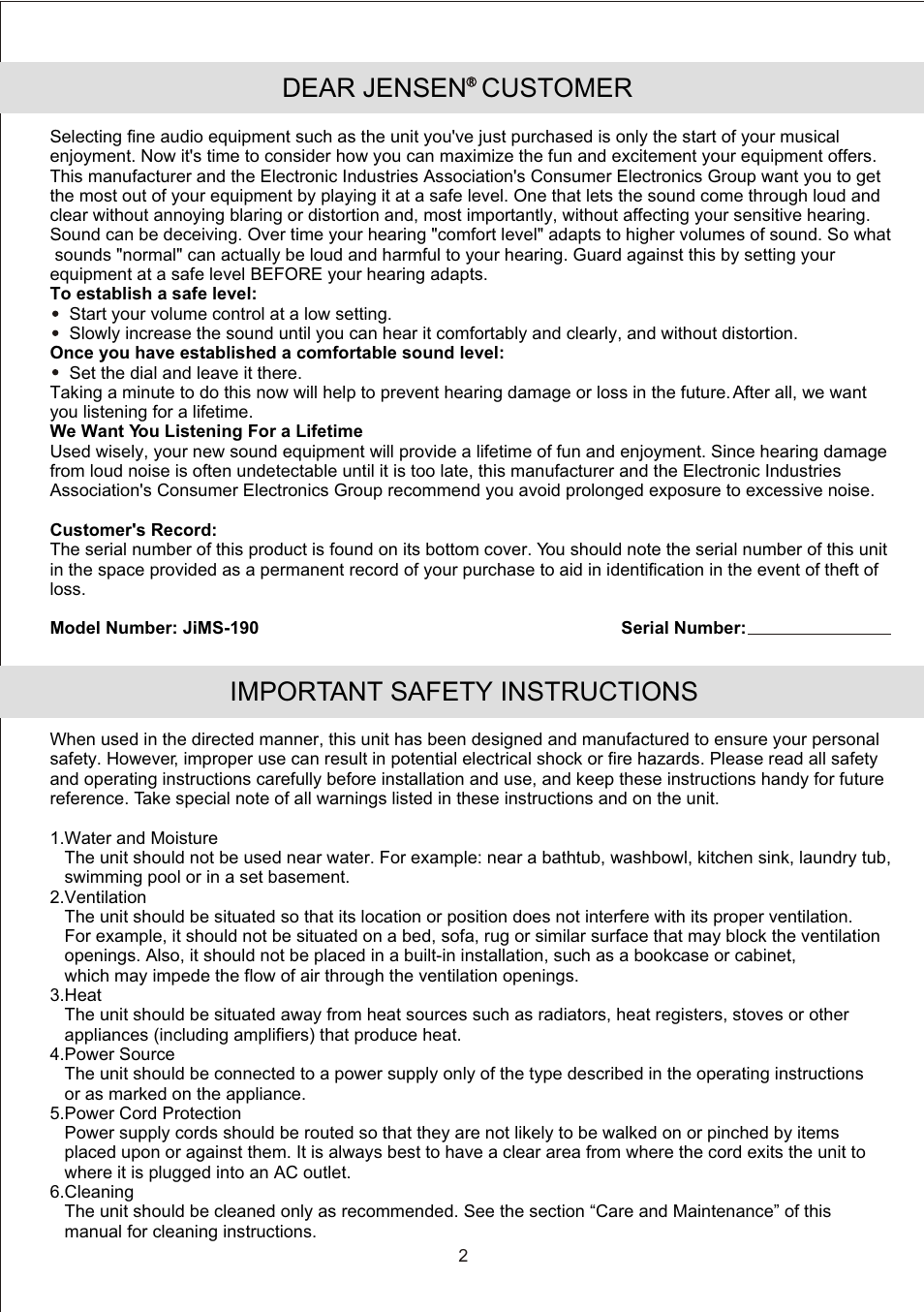 Dear jensen customer, Important safety instructions | Jensen JiMS-190 User Manual | Page 4 / 16