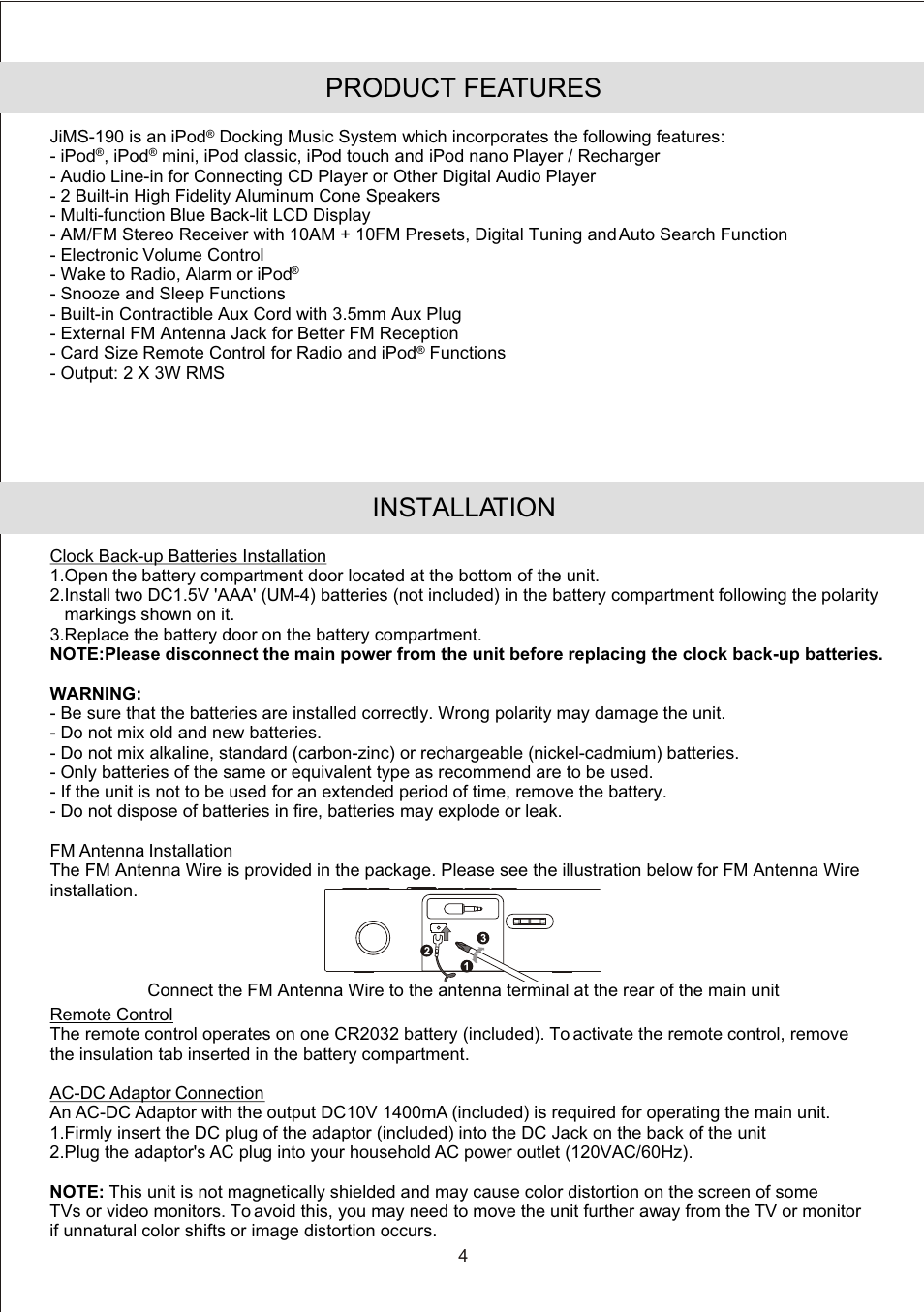Installation product features | Jensen JiMS-190 User Manual | Page 6 / 16
