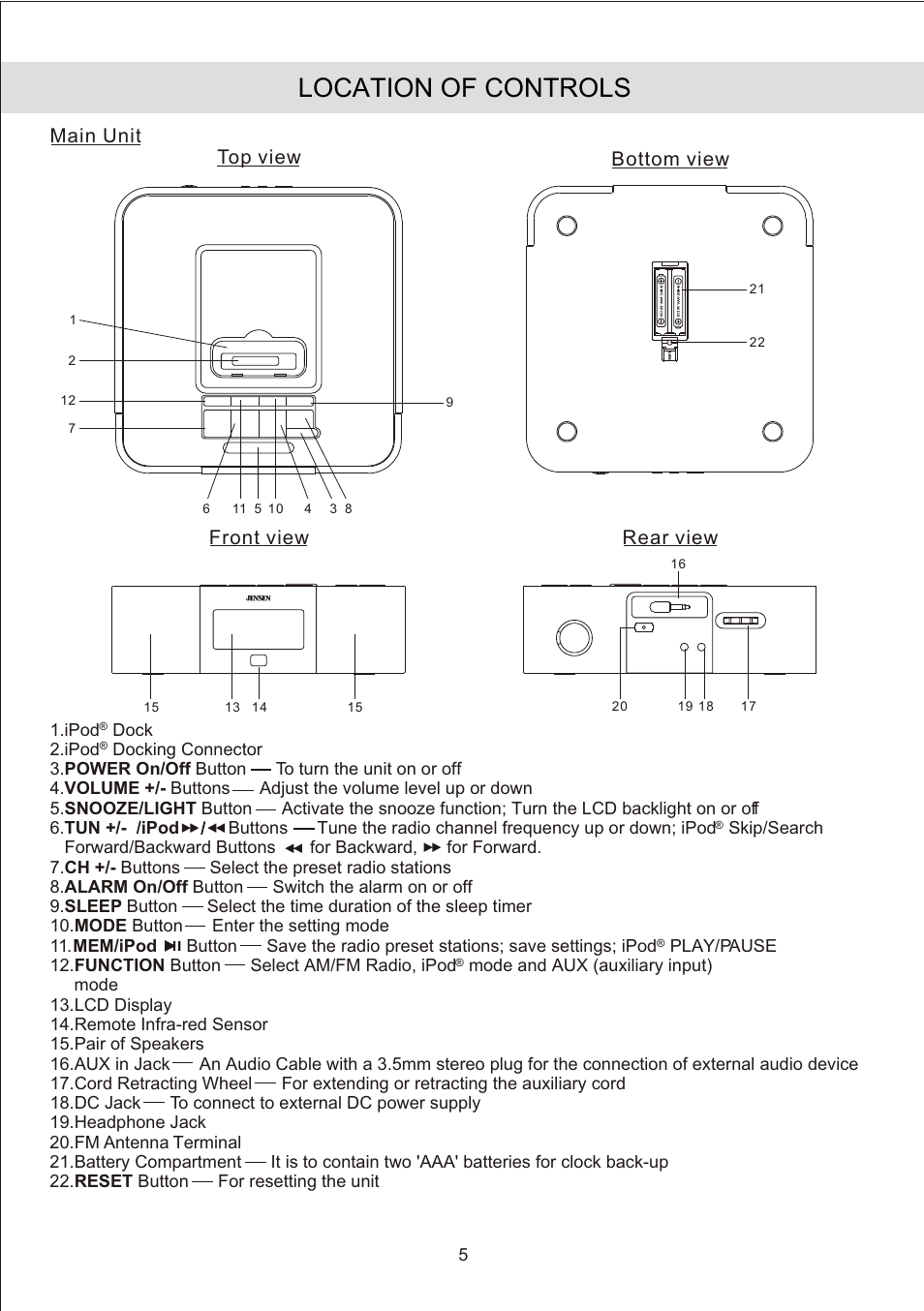 Location of controls, Bottom view top view main unit rear view, Front view | Jensen JiMS-190 User Manual | Page 7 / 16