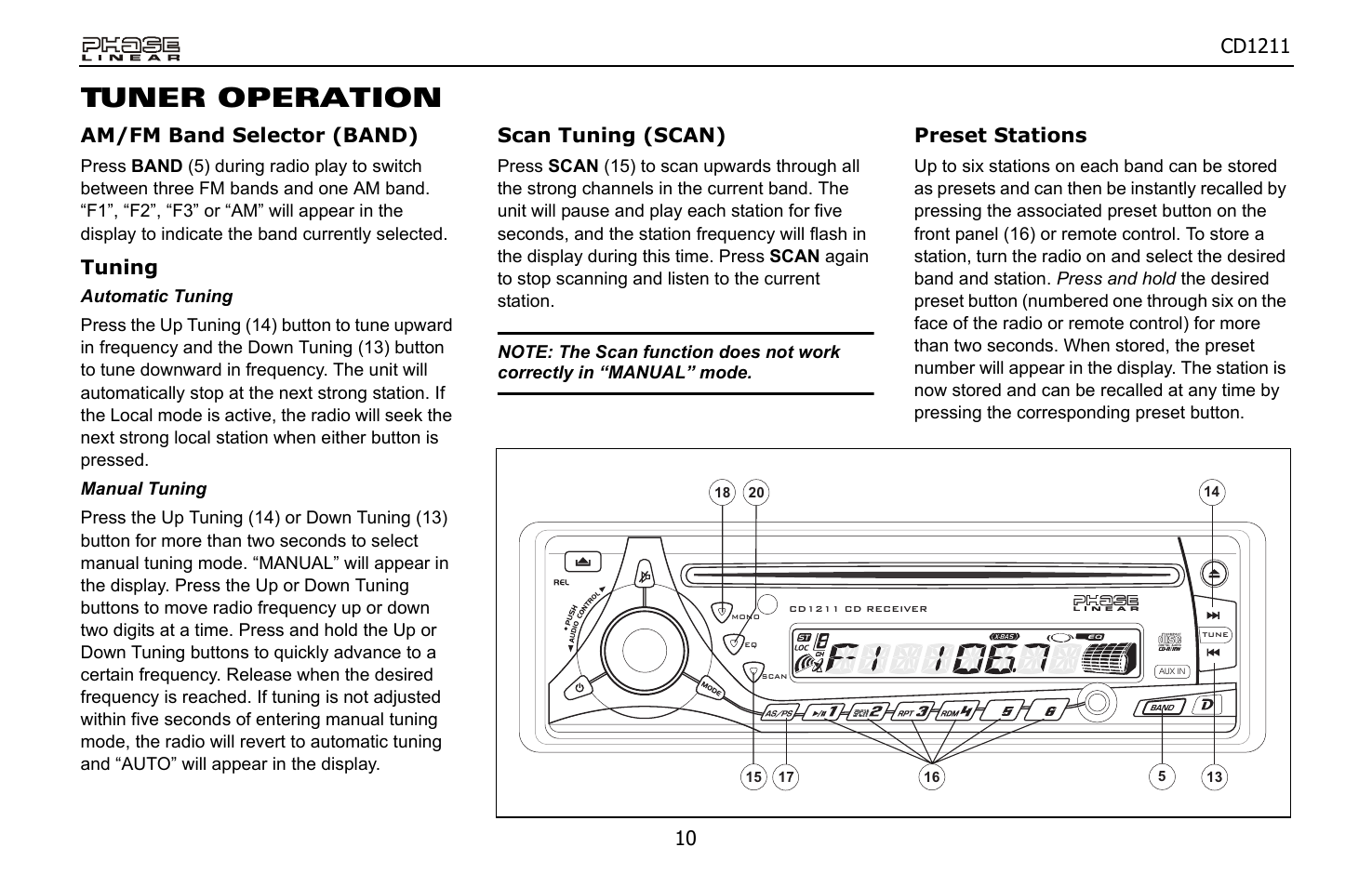 Tuner operation, Am/fm band selector (band), Tuning | Scan tuning (scan), Preset stations | Jensen Phase Linear CD1211 User Manual | Page 10 / 20