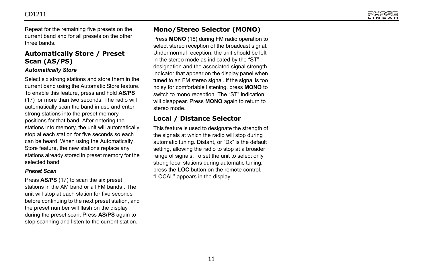 Jensen Phase Linear CD1211 User Manual | Page 11 / 20