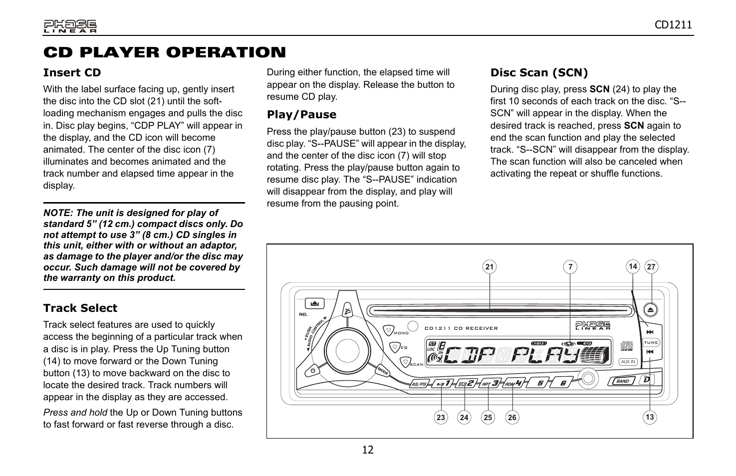 Cd player operation, Insert cd, Track select | Play/pause, Disc scan (scn) | Jensen Phase Linear CD1211 User Manual | Page 12 / 20