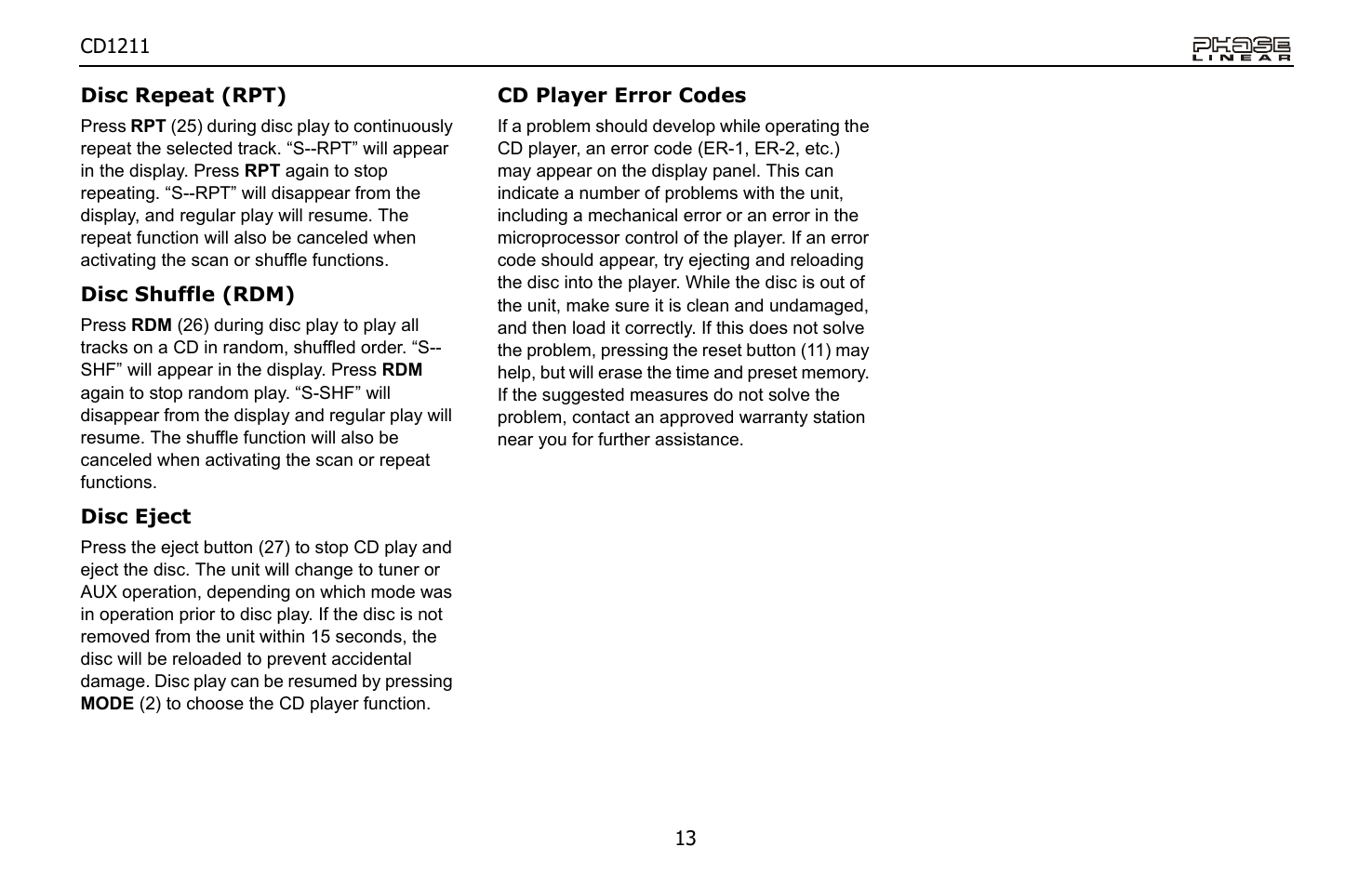 Jensen Phase Linear CD1211 User Manual | Page 13 / 20