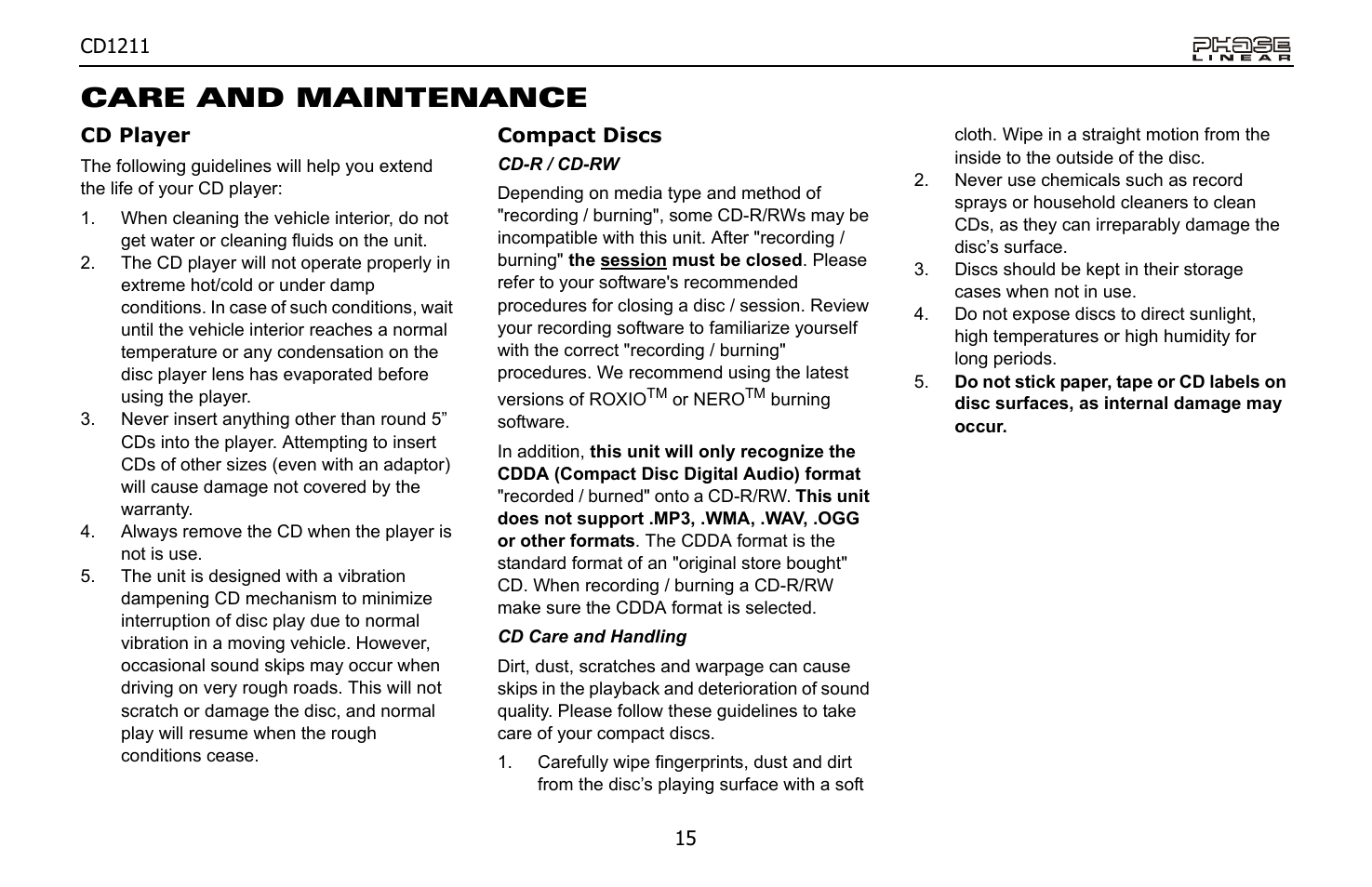 Care and maintenance | Jensen Phase Linear CD1211 User Manual | Page 15 / 20