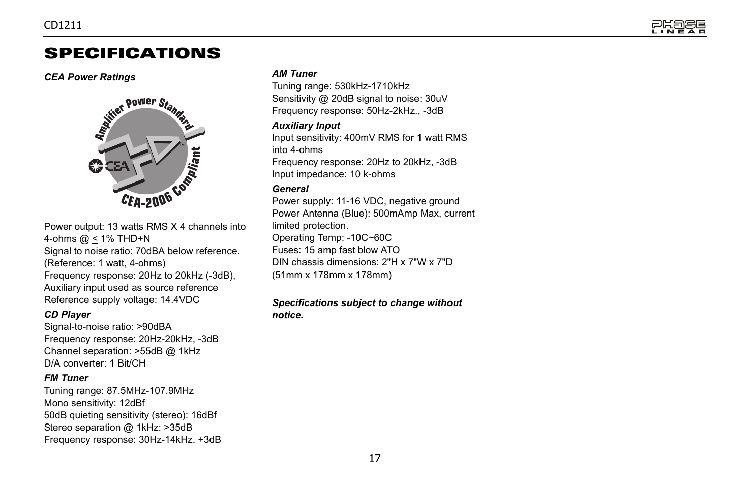 Specifications | Jensen Phase Linear CD1211 User Manual | Page 17 / 20