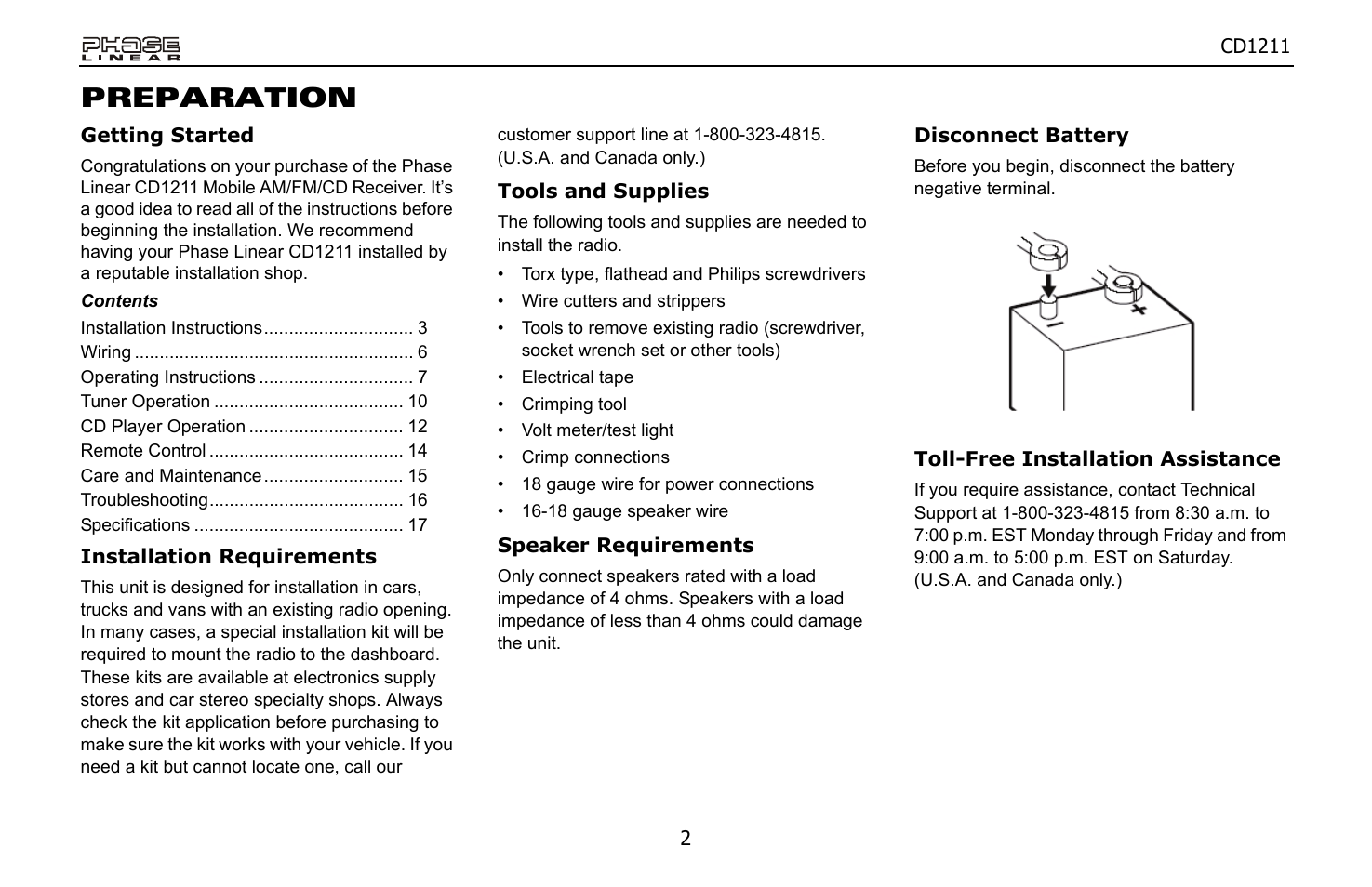 Preparation | Jensen Phase Linear CD1211 User Manual | Page 2 / 20