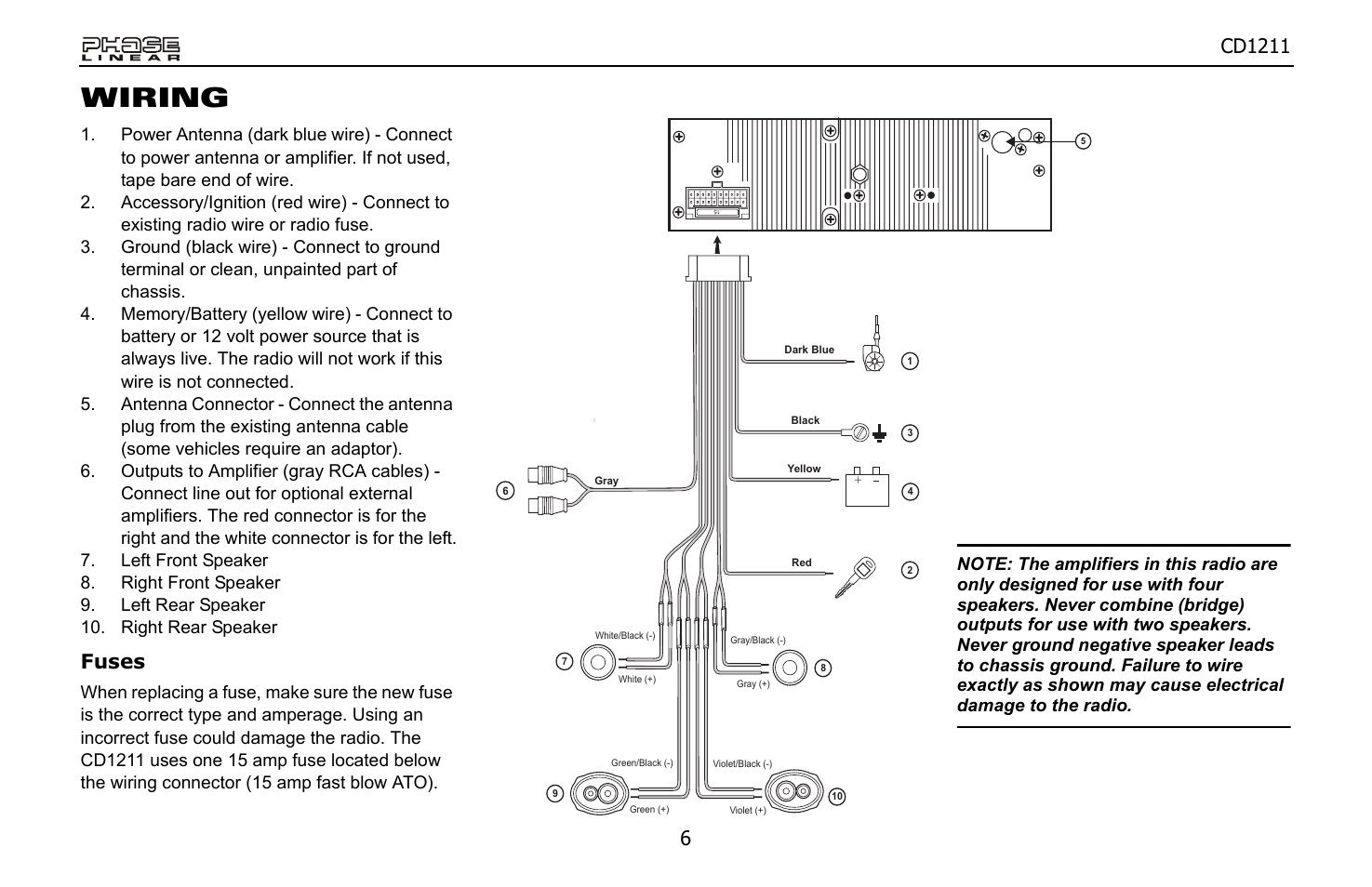 Wiring, Fuses | Jensen Phase Linear CD1211 User Manual | Page 6 / 20