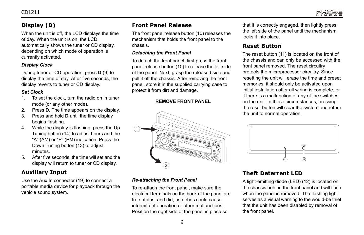 Auxiliary input, Front panel release, Reset button | Theft deterrent led | Jensen Phase Linear CD1211 User Manual | Page 9 / 20