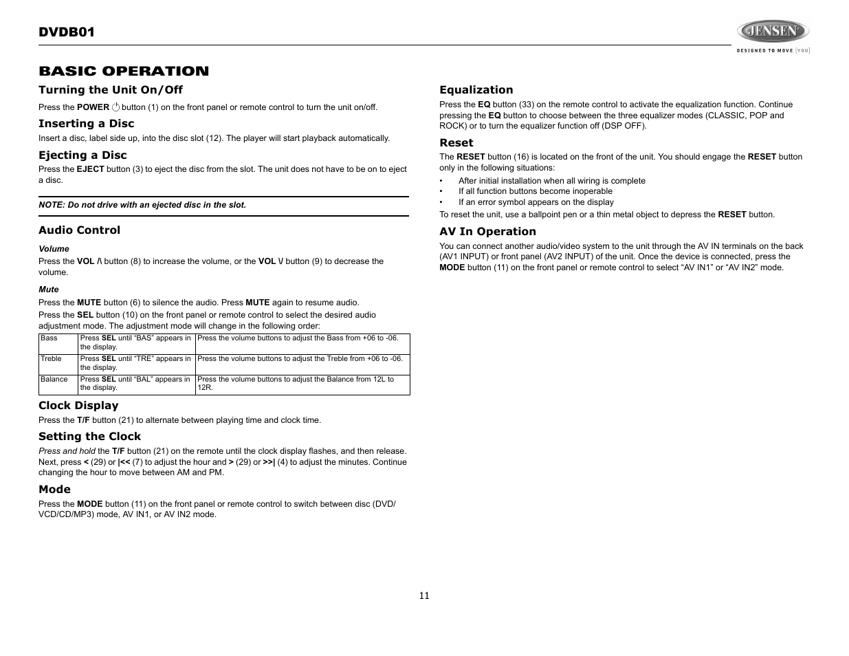 Dvdb01 basic operation | Jensen DVDB01 User Manual | Page 10 / 21