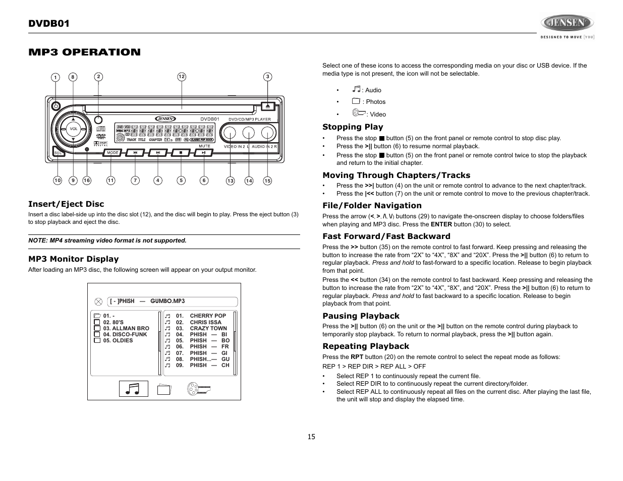Dvdb01 mp3 operation | Jensen DVDB01 User Manual | Page 14 / 21