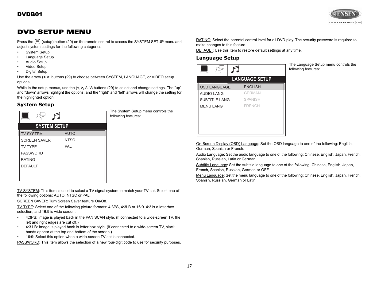 Dvdb01 dvd setup menu | Jensen DVDB01 User Manual | Page 16 / 21
