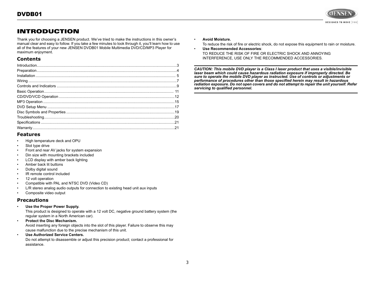 Dvdb01 introduction | Jensen DVDB01 User Manual | Page 2 / 21