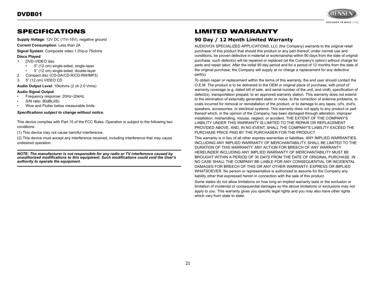 Dvdb01 specifications, Limited warranty | Jensen DVDB01 User Manual | Page 20 / 21