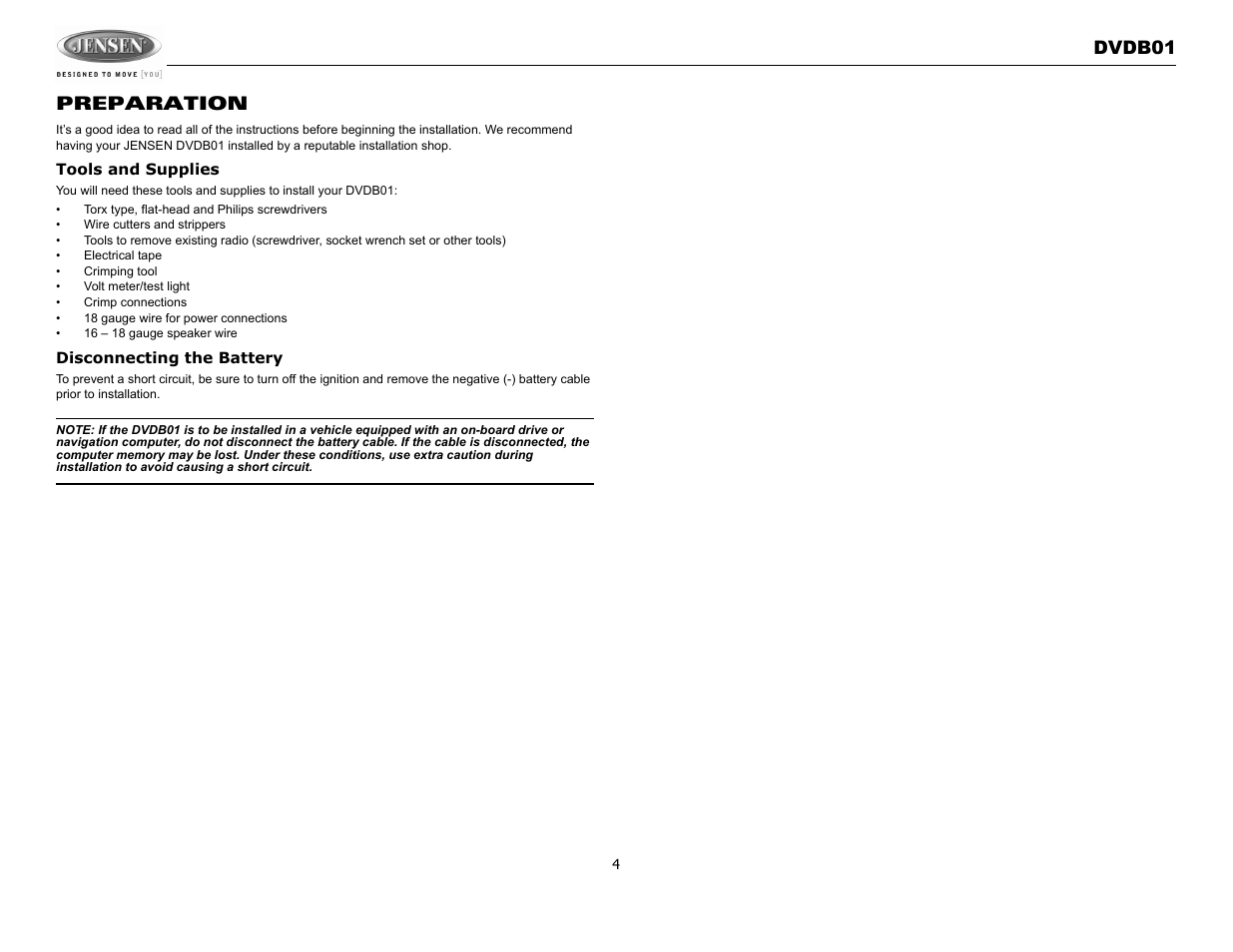 Dvdb01 preparation | Jensen DVDB01 User Manual | Page 3 / 21