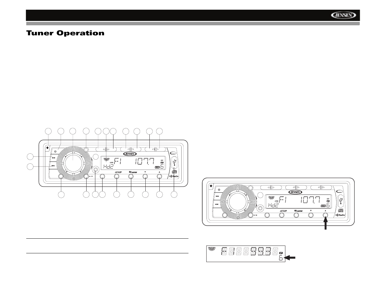 Tuner operation, Hd5212, About hd radio™ technology | Select a band, Tuning, Preset stations, Press and hold preset number appears | Jensen HD5212 User Manual | Page 15 / 32