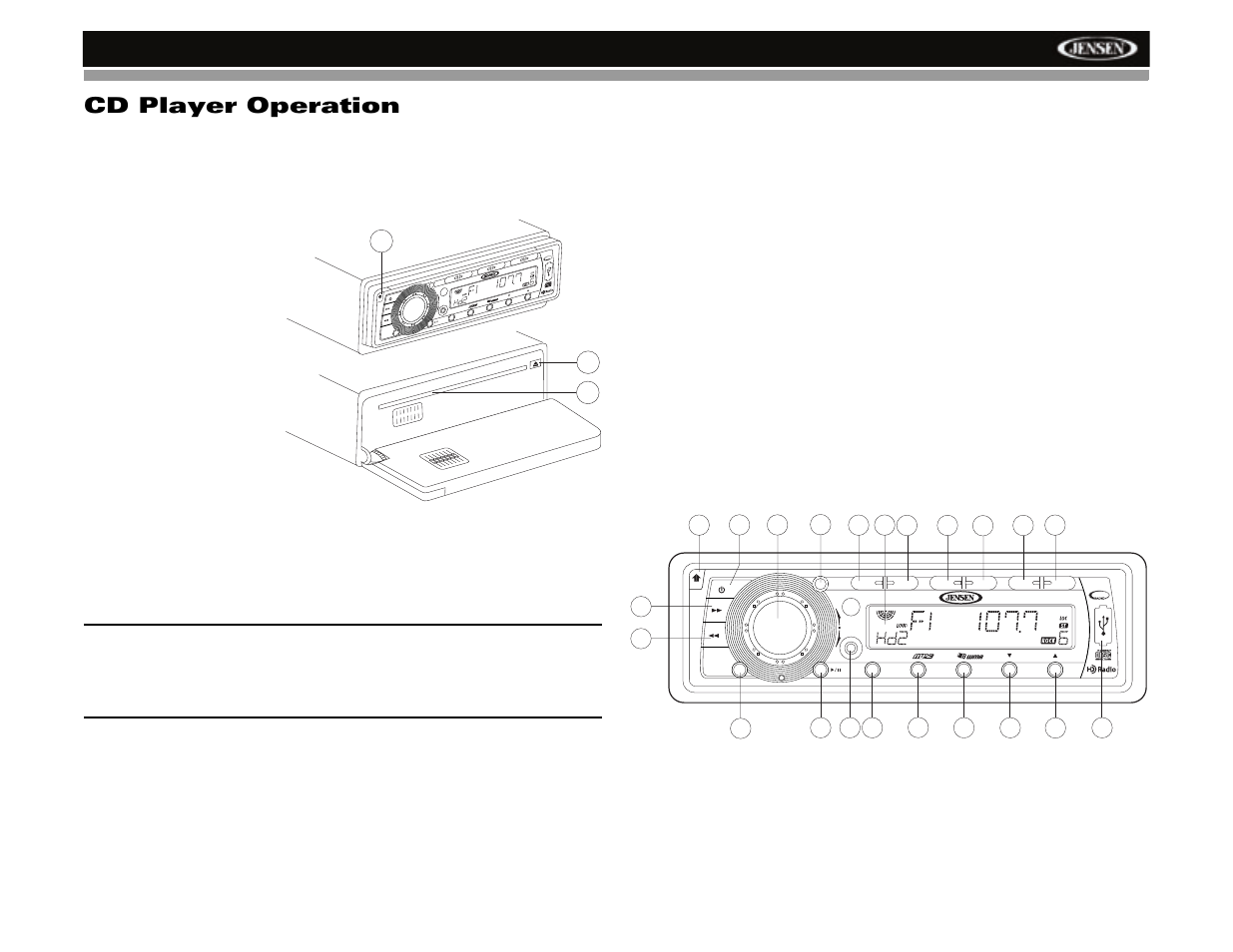 Cd player operation, Hd5212, Insert cd | Eject cd, Pause, Track select, Intro scan (scn), Repeat (rpt), Random (shf), Display id3 tag information | Jensen HD5212 User Manual | Page 19 / 32