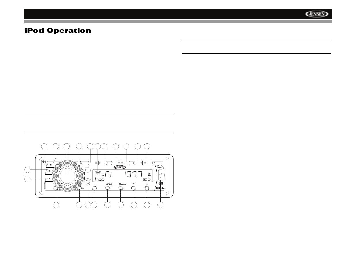 Ipod operation, Hd5212, Accessing ipod mode | Turning the ipod on/off, Display information, Play/pause, Track selection, Repeat (rpt) | Jensen HD5212 User Manual | Page 25 / 32