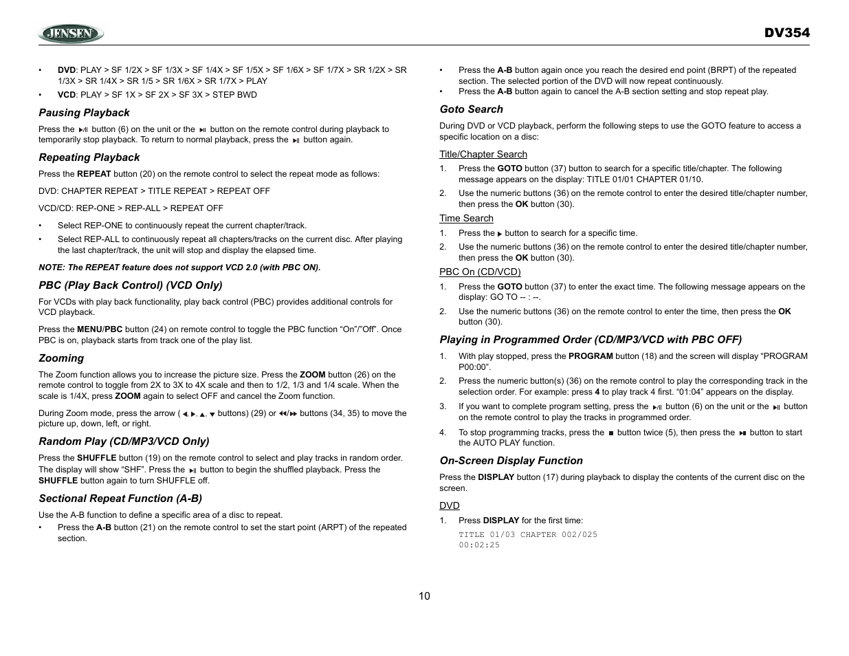 Dv354 | Jensen DV354 User Manual | Page 10 / 16