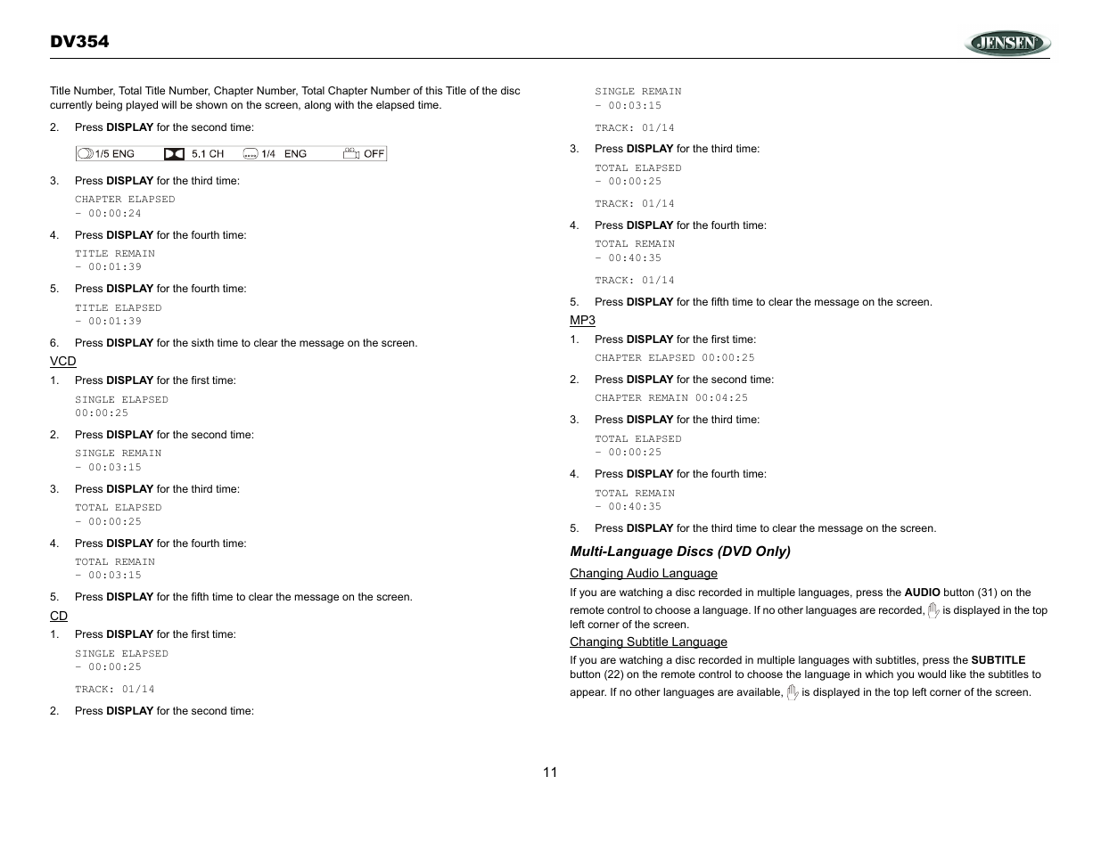 Dv354 | Jensen DV354 User Manual | Page 11 / 16