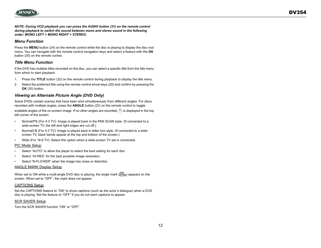 Dv354 | Jensen DV354 User Manual | Page 12 / 16