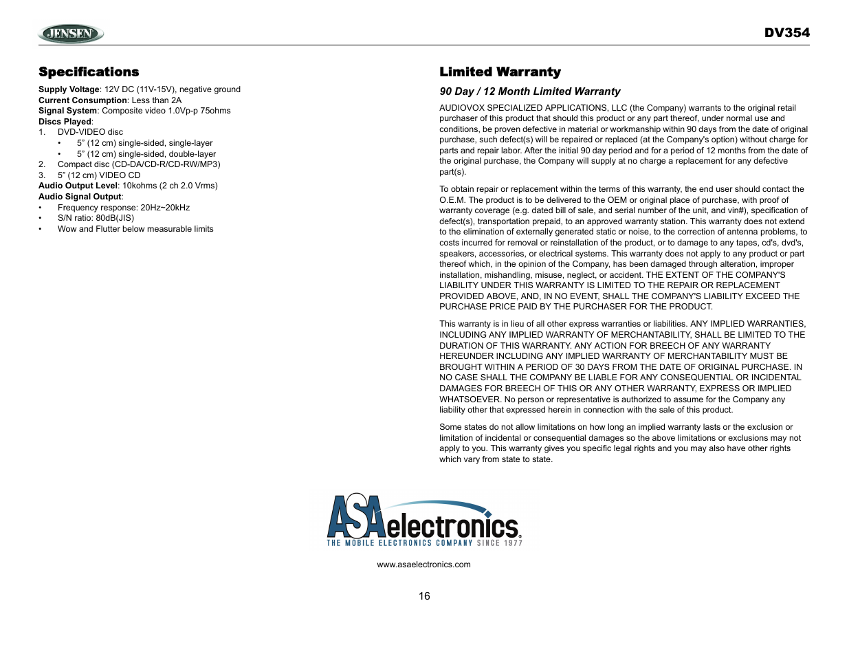 Dv354 specifications, Limited warranty | Jensen DV354 User Manual | Page 16 / 16