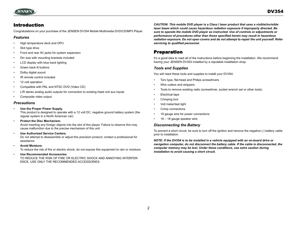 Dv354 introduction, Preparation | Jensen DV354 User Manual | Page 2 / 16