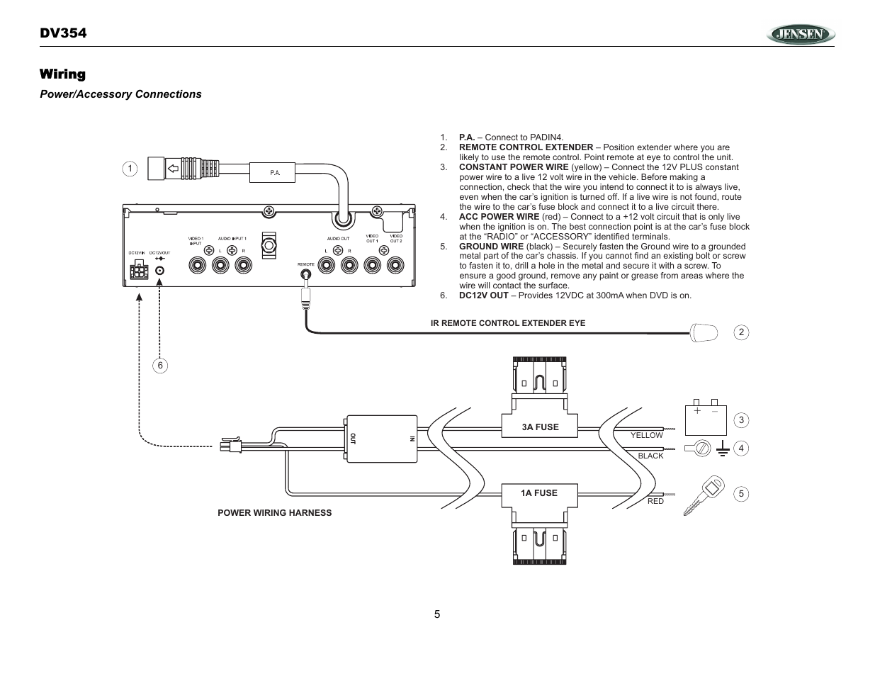 Dv354, Wiring | Jensen DV354 User Manual | Page 5 / 16