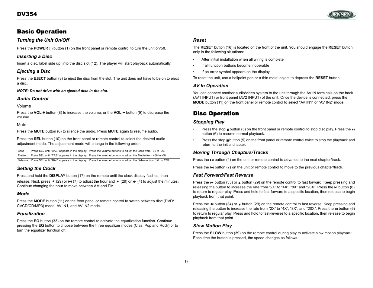 Dv354 basic operation, Disc operation | Jensen DV354 User Manual | Page 9 / 16