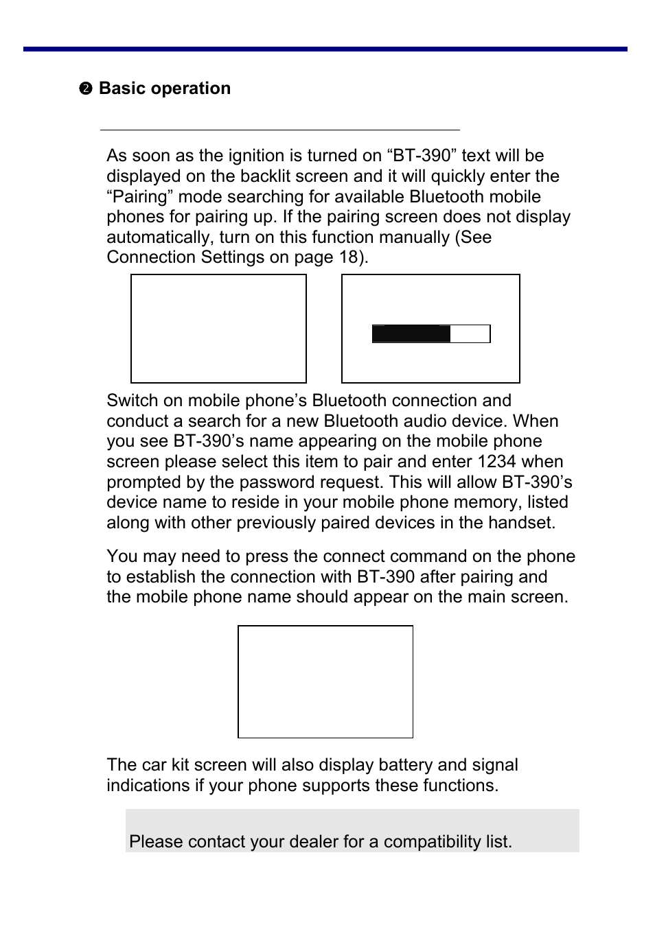 Basic operation, Connecting to the mobile phone for the first time | Jensen BT-390 User Manual | Page 16 / 32