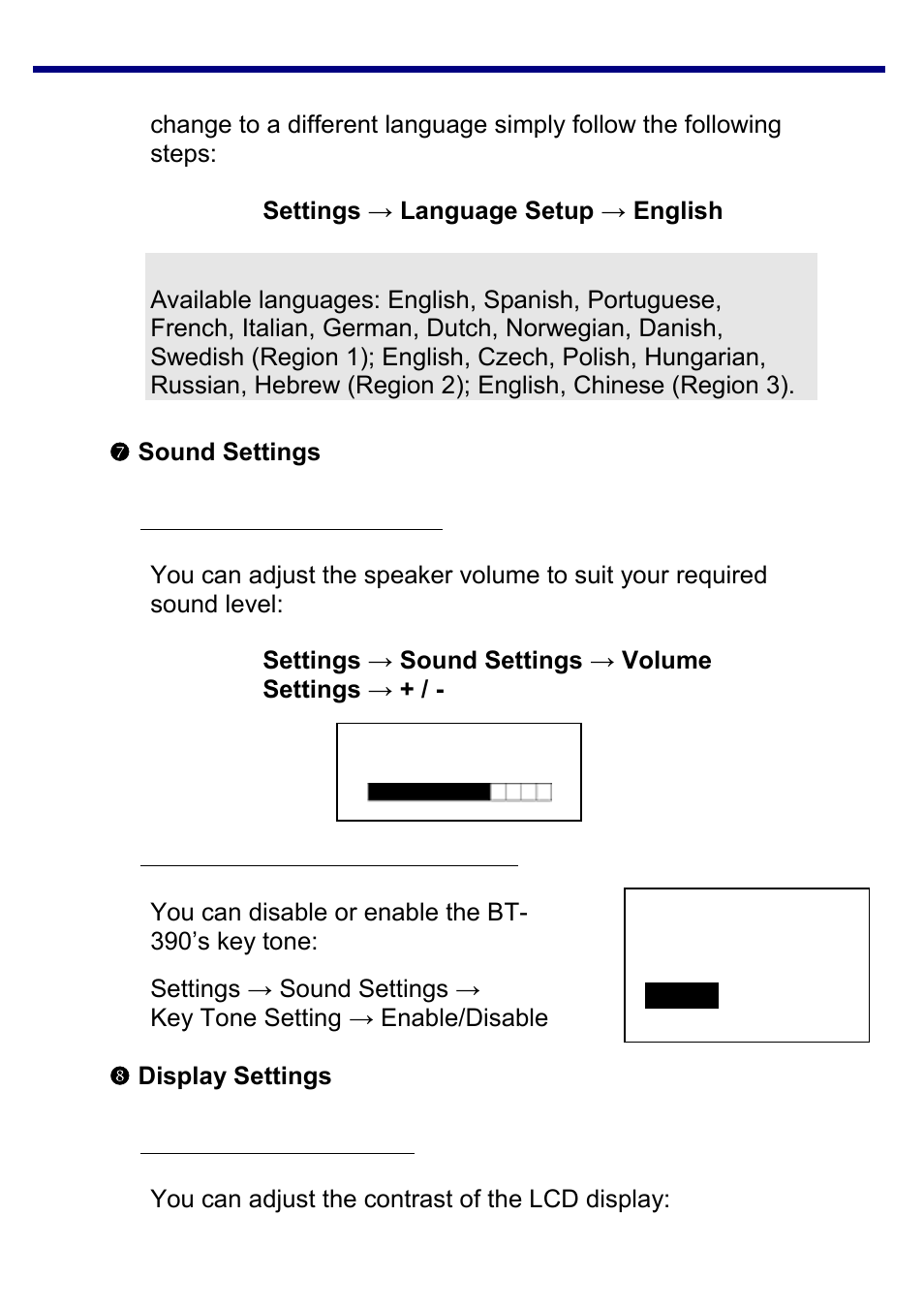 Sound settings, Adjusting the speaker volume, Disabling and enabling the key tone | Display settings, Adjusting display contrast | Jensen BT-390 User Manual | Page 24 / 32