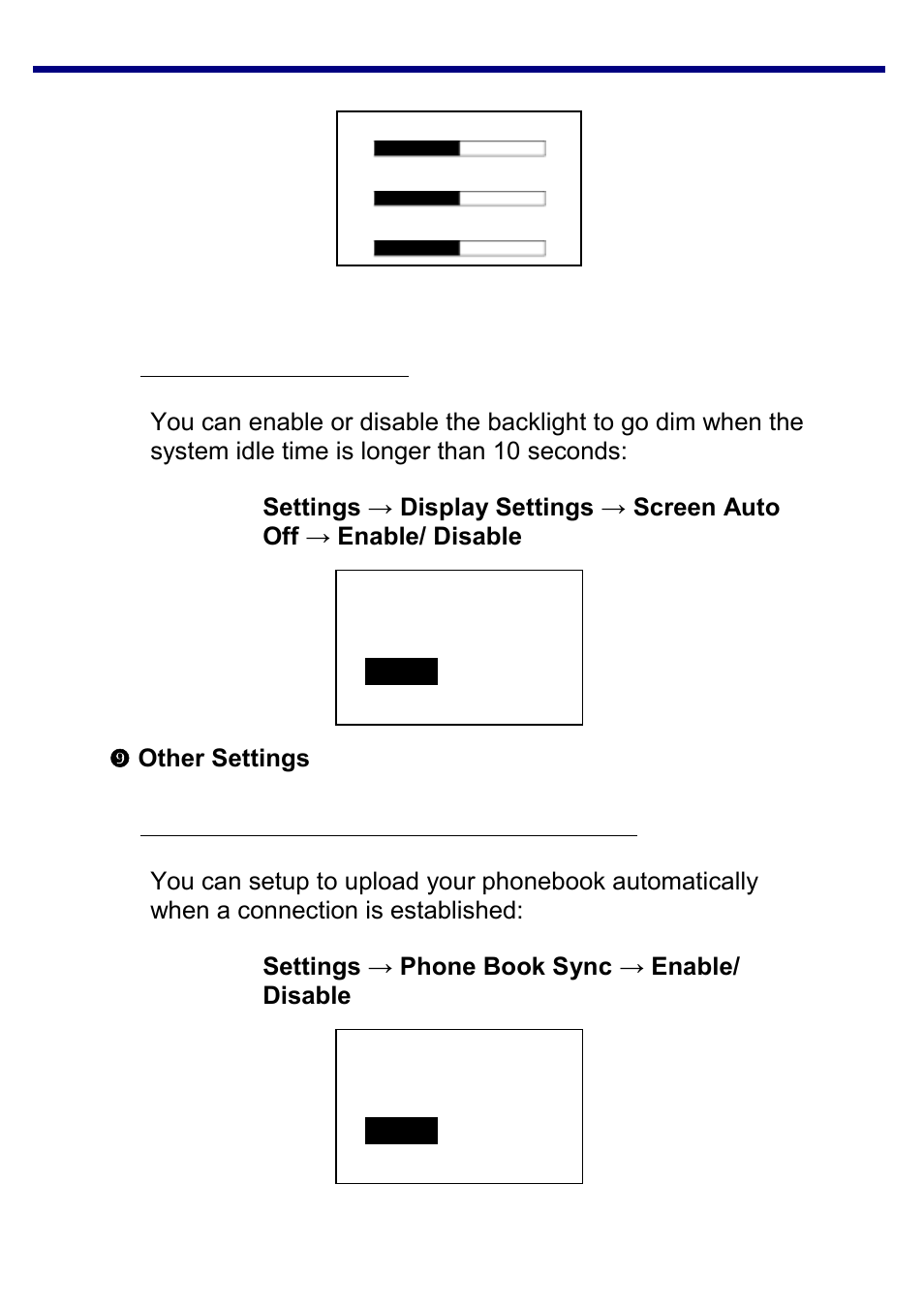 Enabling auto dim screen, Other settings, Setting up automatic phonebook synchronization | Jensen BT-390 User Manual | Page 26 / 32