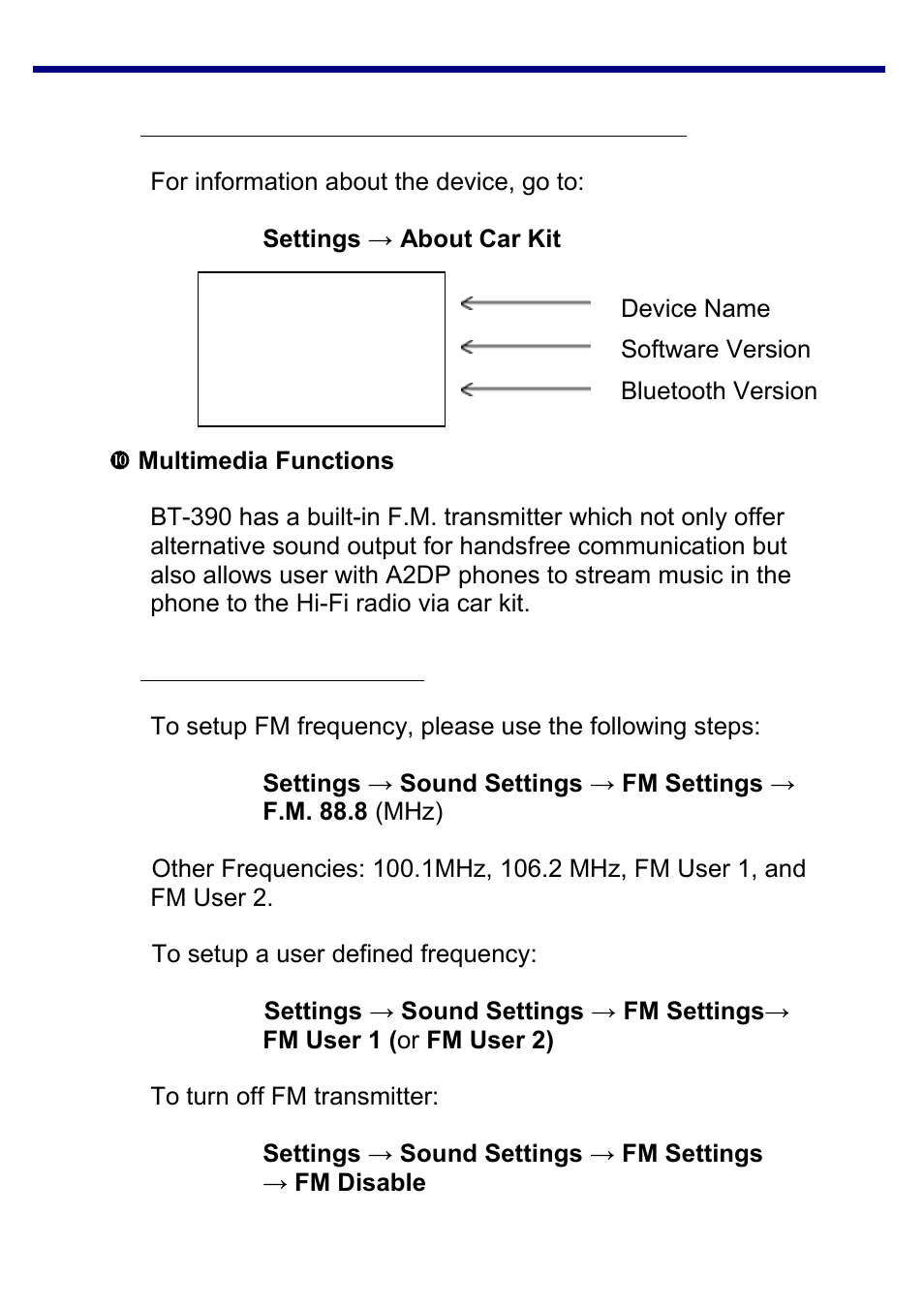 Finding out the device software & firmware version, Multimedia functions, Setting up fm transmission | Jensen BT-390 User Manual | Page 27 / 32