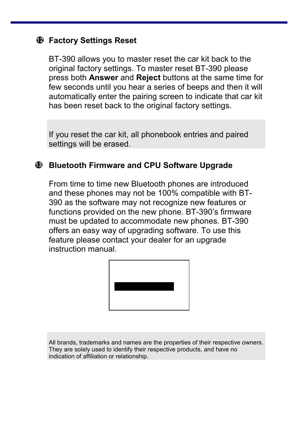 Factory settings reset, Bluetooth firmware and cpu software upgrade, Warning | Jensen BT-390 User Manual | Page 30 / 32