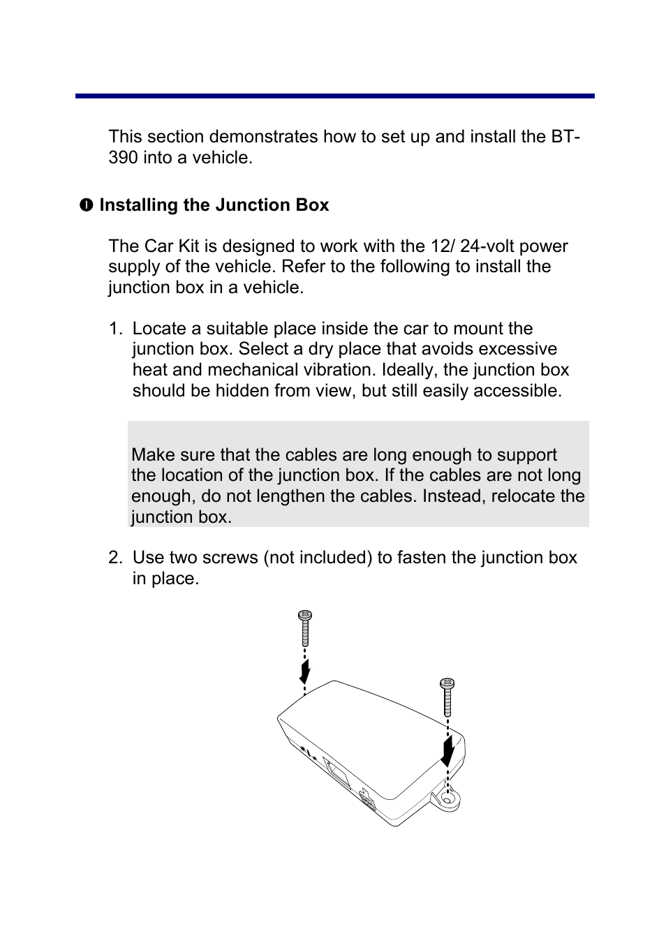 Installation, Installing the junction box, 3 2. installation | Jensen BT-390 User Manual | Page 7 / 32