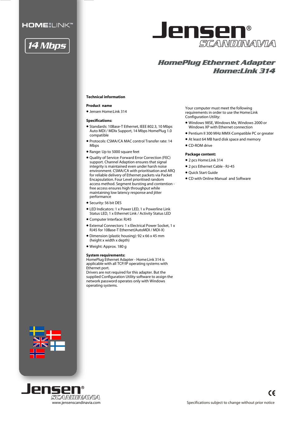 Homeplug ethernet adapter home:link 314 | Jensen 314 User Manual | Page 2 / 2