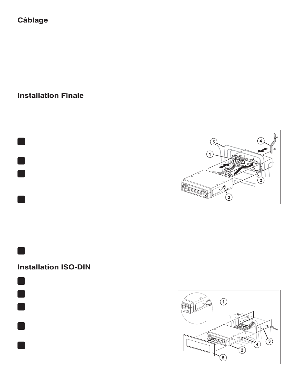 Câblage, Installation finale, Installation iso-din | Jensen VM9214 User Manual | Page 11 / 12