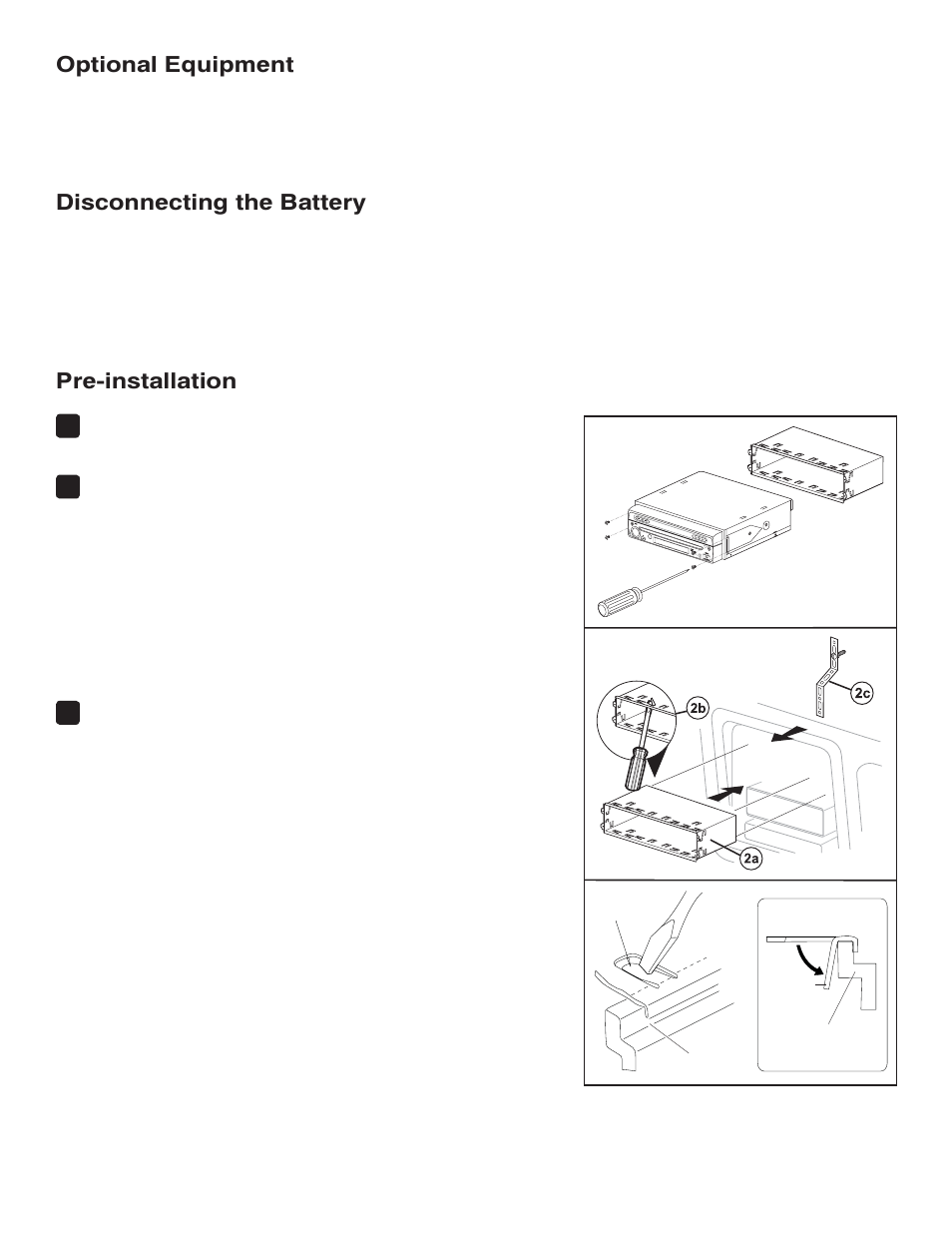 Optional equipment, Disconnecting the battery, Pre-installation | Jensen VM9214 User Manual | Page 2 / 12