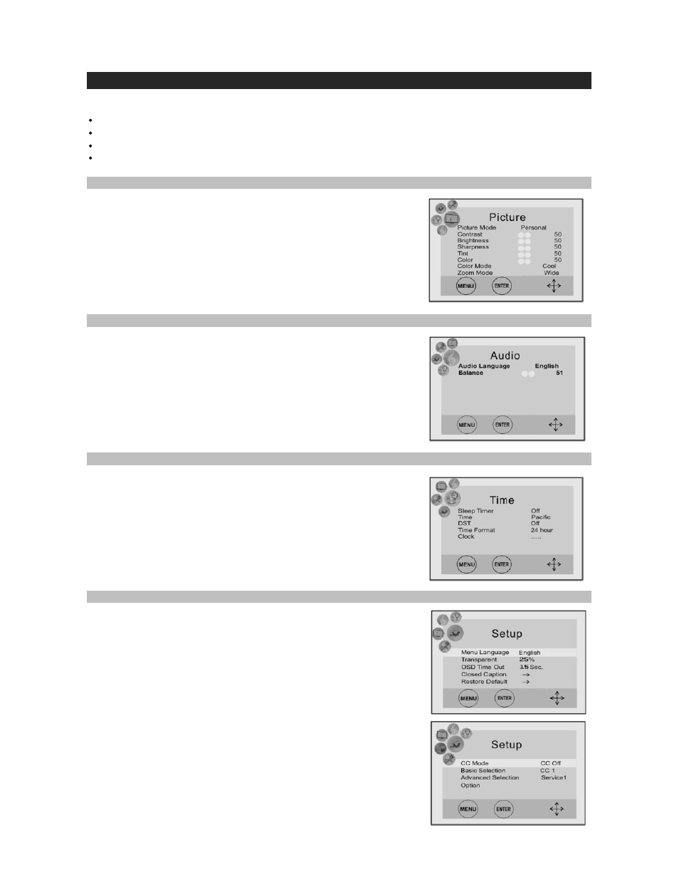 Function menus and settings | Jensen JDTV-430 User Manual | Page 8 / 12