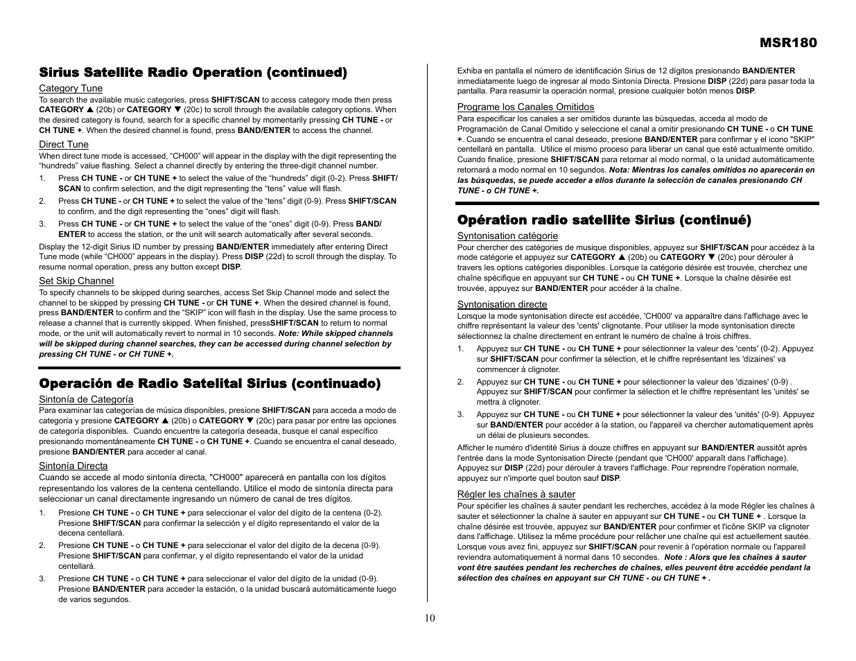 Msr180, Sirius satellite radio operation (continued), Operación de radio satelital sirius (continuado) | Opération radio satellite sirius (continué) | Jensen MSR180 User Manual | Page 10 / 12