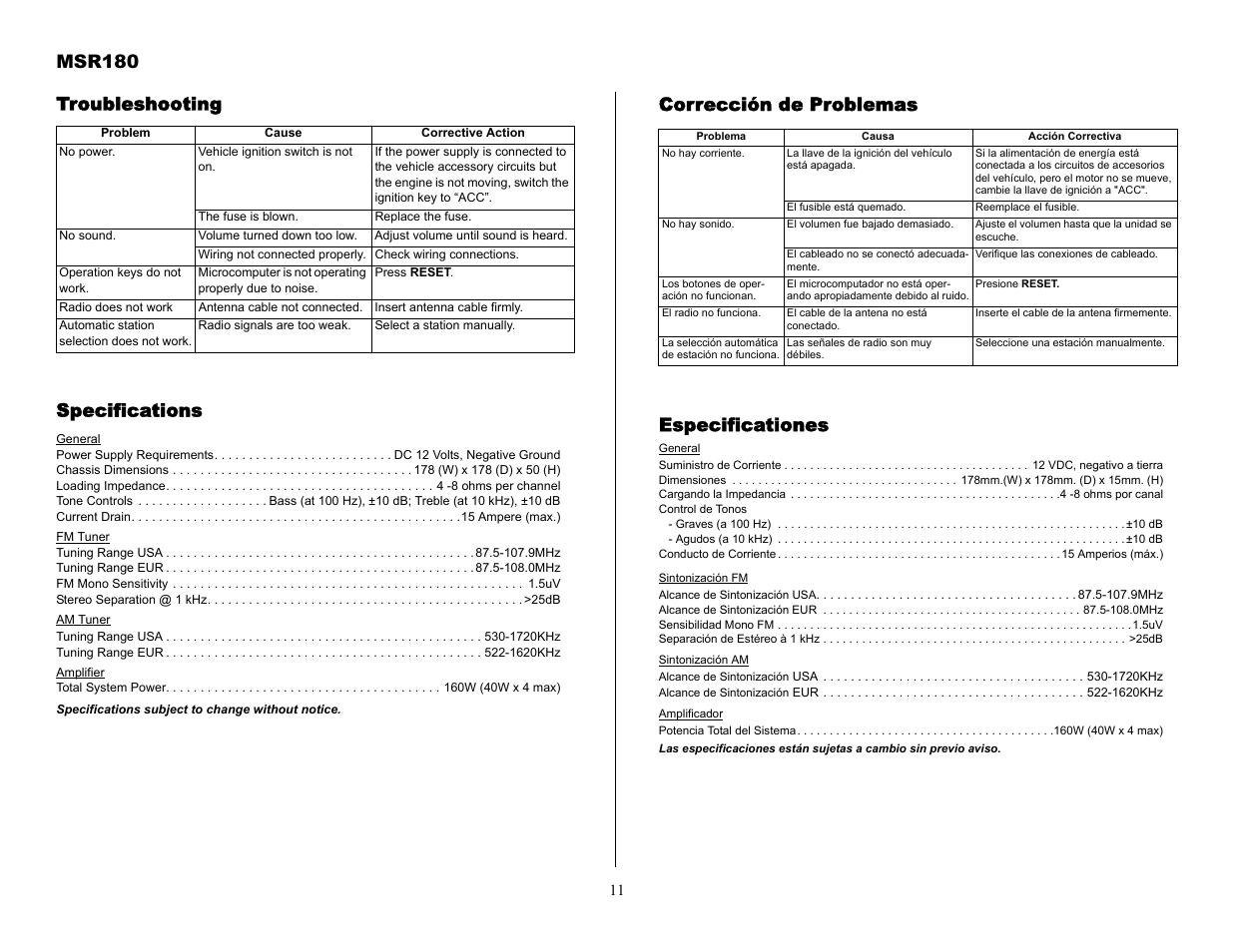Msr180, Troubleshooting specifications, Corrección de problemas especificationes | Jensen MSR180 User Manual | Page 11 / 12