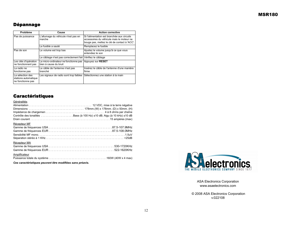Msr180, Dépannage caractéristiques | Jensen MSR180 User Manual | Page 12 / 12