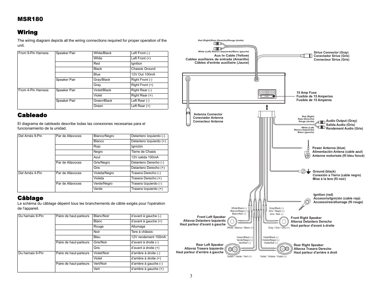 Msr180, Wiring, Cableado | Câblage | Jensen MSR180 User Manual | Page 3 / 12