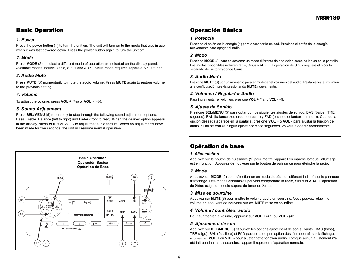Msr180, Basic operation, Operación básica | Opération de base | Jensen MSR180 User Manual | Page 4 / 12