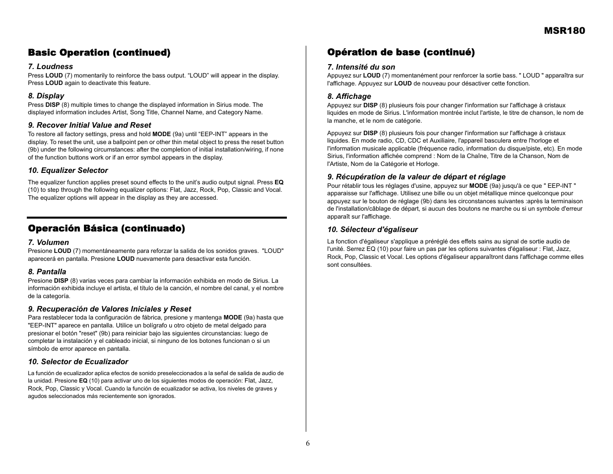 Msr180, Basic operation (continued), Operación básica (continuado) | Opération de base (continué) | Jensen MSR180 User Manual | Page 6 / 12