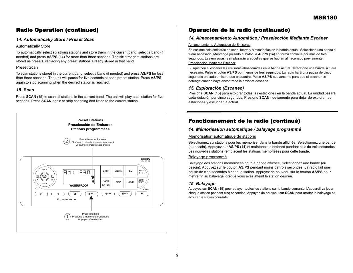 Msr180, Radio operation (continued), Operación de la radio (continuado) | Fonctionnement de la radio (continué) | Jensen MSR180 User Manual | Page 8 / 12