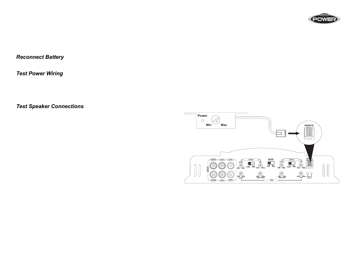 Testing, Remote input level control, Reconnect battery | Test power wiring, Test speaker connections | Jensen POWER 5500 User Manual | Page 12 / 42