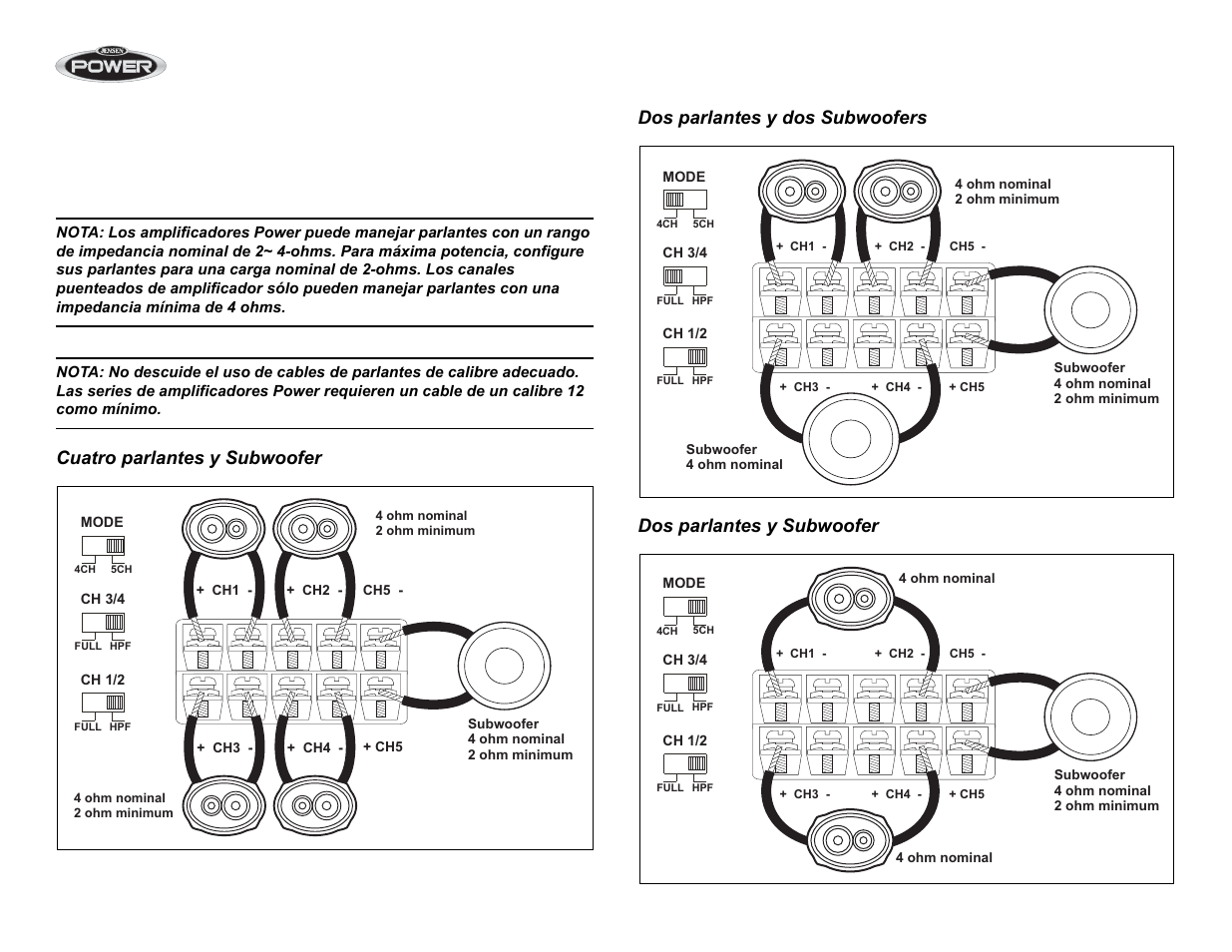 Cableado de parlantes | Jensen POWER 5500 User Manual | Page 19 / 42