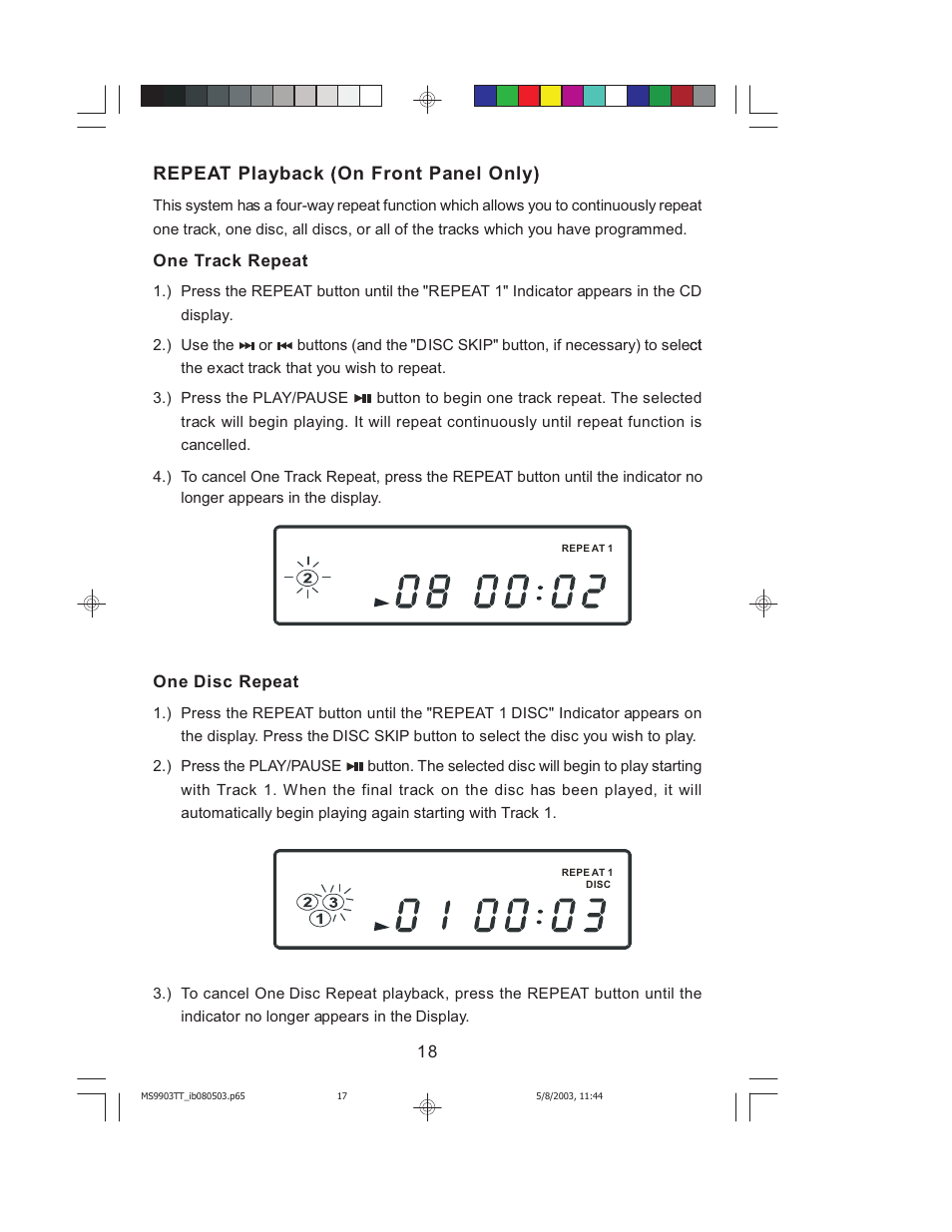 Repeat playback on front panel only | Jensen JMC-1000 User Manual | Page 19 / 31