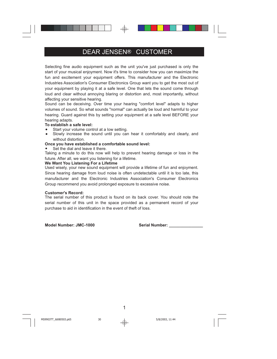 Dear jensen customer | Jensen JMC-1000 User Manual | Page 2 / 31